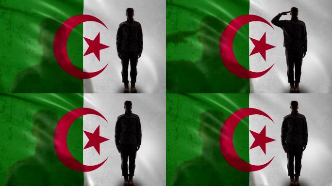 阿尔及利亚士兵侧影向国旗和军队敬礼