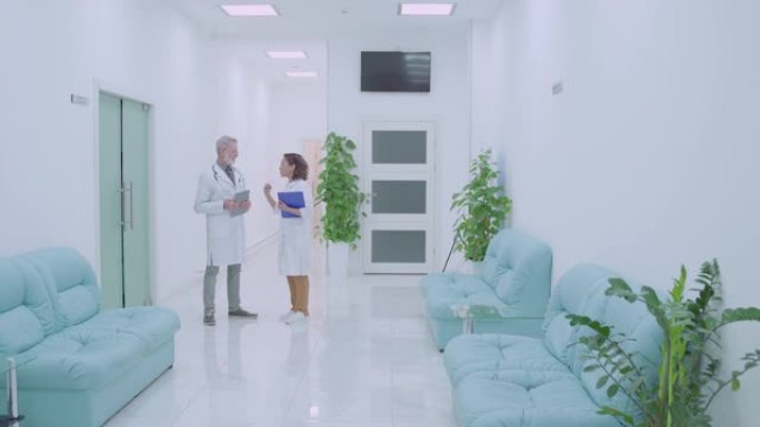 诊所走廊上有蓝色沙发和植物，医生讨论工作，医疗保健
