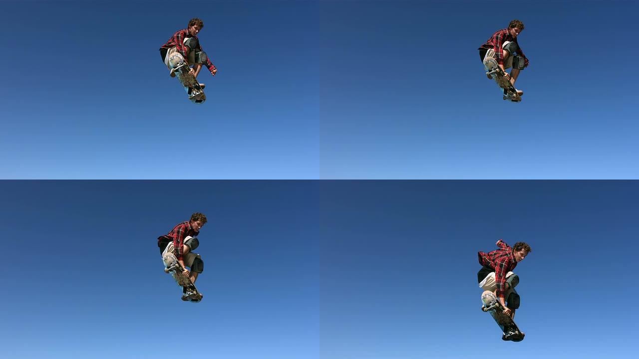 滑板运动员在空中飞行，慢动作