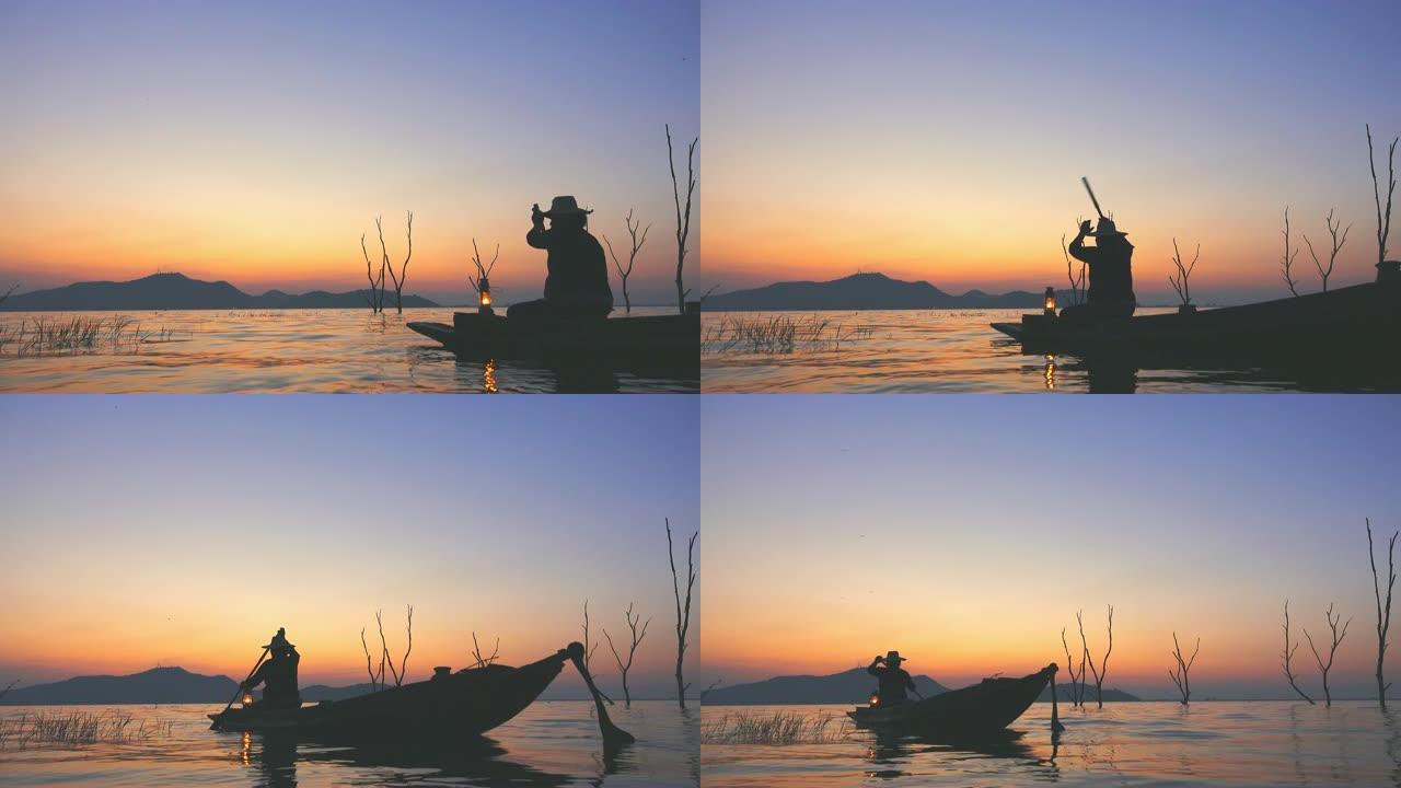 4K: 渔民在日落时分钓鱼