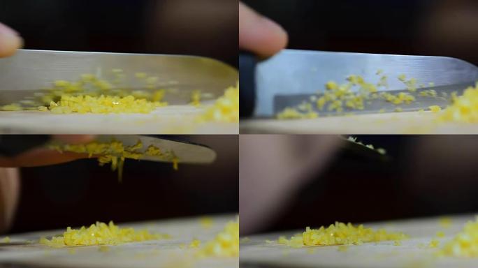 在砧板上切碎柠檬