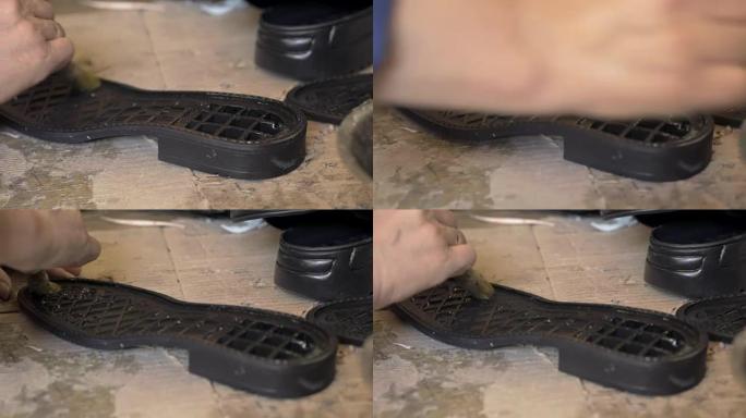 涂层给鞋底刷胶鞋子制作视频素材