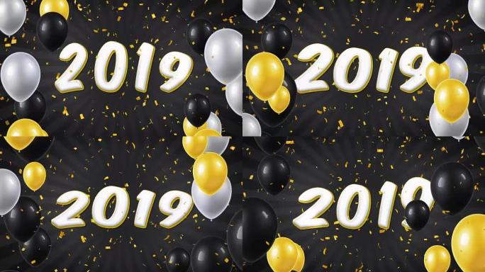 新年快乐2019文本出现在五彩纸屑爆米花和闪光颗粒，彩色飞行气球无缝循环动画。