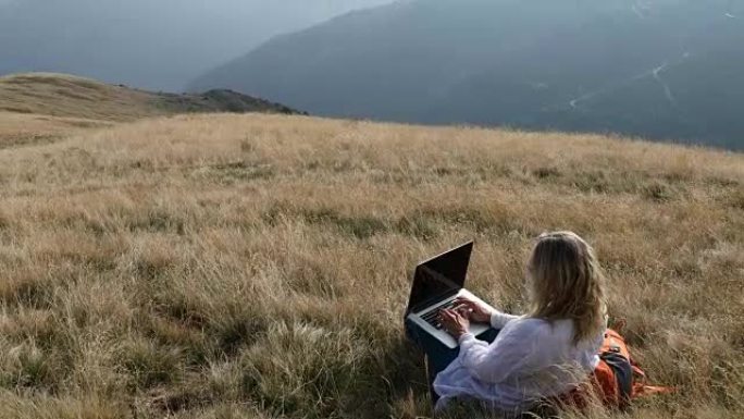 女人在草地上使用笔记本电脑