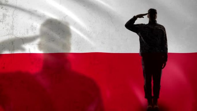 波兰士兵剪影向国旗致敬，防空部队