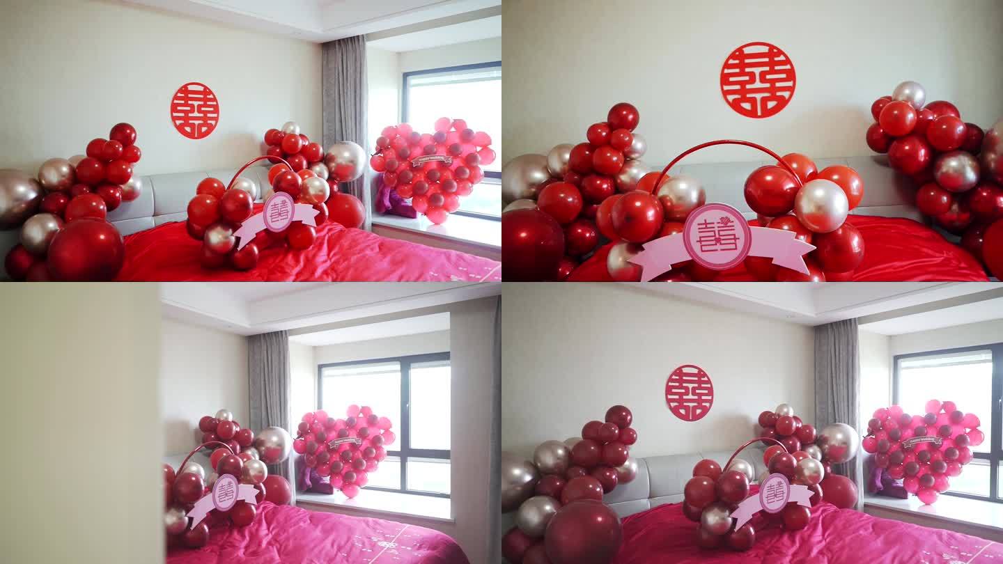 红色婚房喜字气球布置