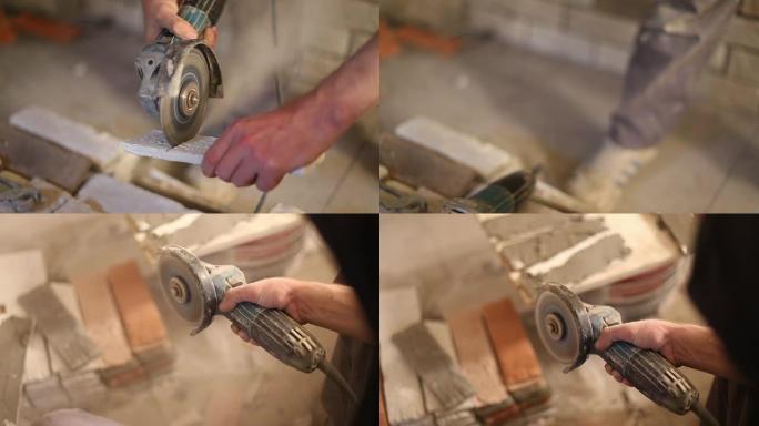 建筑工人用磨床切割砖瓦的两个视频剪辑