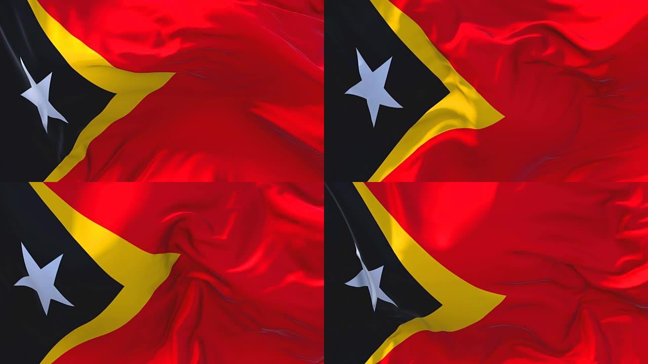 东帝汶国旗迎风飘扬的慢动作动画。4K逼真的织物纹理旗帜平稳吹在一个刮风的日子连续无缝循环背景。