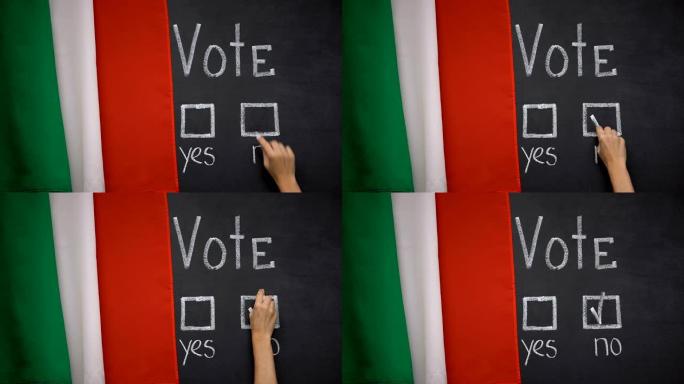 背景是意大利国旗，在投票中手写没有答案，社会民意测验