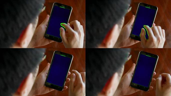 男人用手机绿屏色度键-室内场景