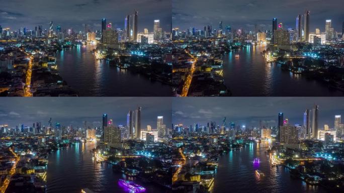 湄南河在夜间与曼谷城市景观的过度
