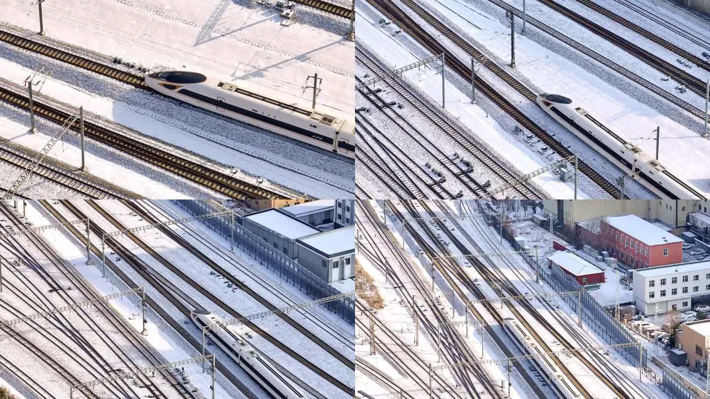 中国东北高铁火车头行驶在雪地中的特写航拍