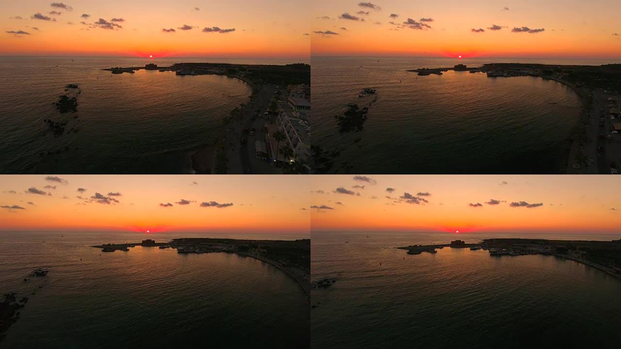 塞浦路斯，帕福斯。鸟瞰图。海上日落