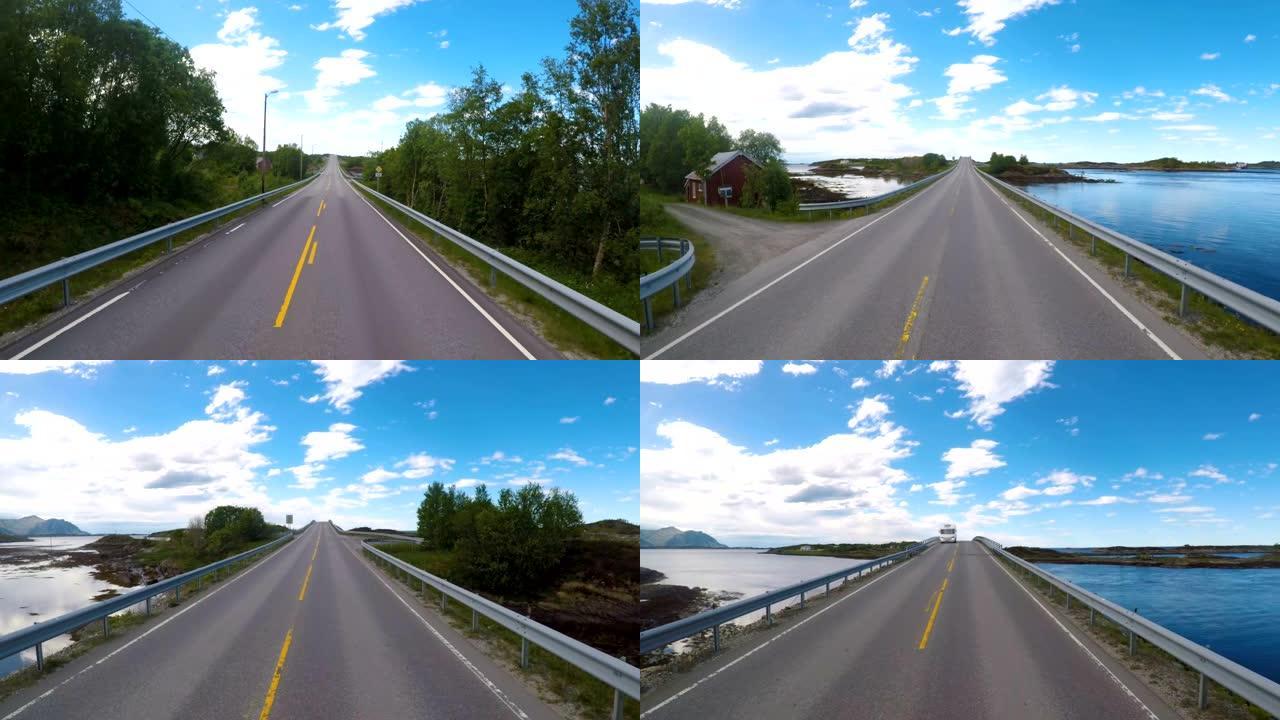 在挪威的公路上驾驶汽车大西洋公路或大西洋公路 (Atlanterhavsveien) 被授予 “世纪