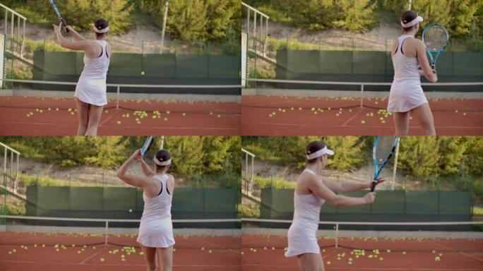 女子网球运动员在球场上打出飞球，是网球在公开球场上的动态比赛。