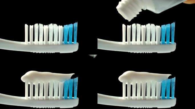 将牙膏放在黑色背景的牙刷上，卫生，清洁牙齿