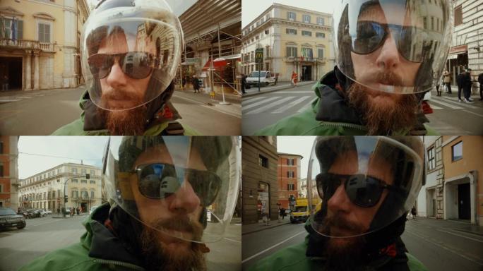 自拍踏板车冬季骑行: 在罗马市中心的摩托车上