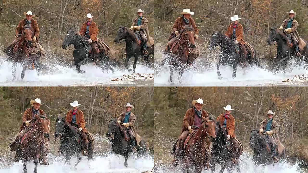 SLO MO DS三名牧场主骑着奔马过河