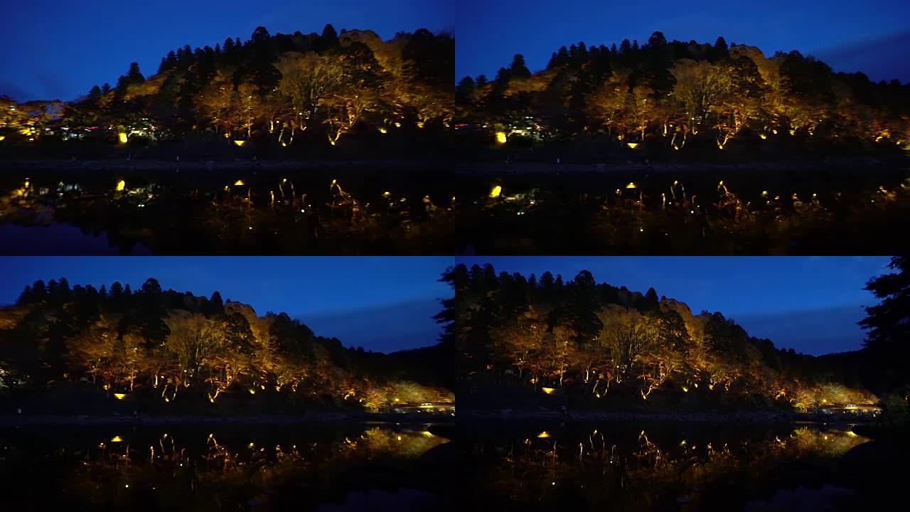 平移拍摄Korankei森林公园之夜，灯光照明名古屋日本
