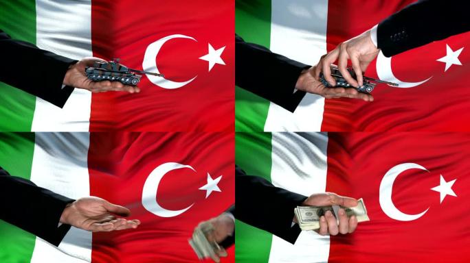 意大利和土耳其官员交换坦克钱，军事行动，旗帜背景