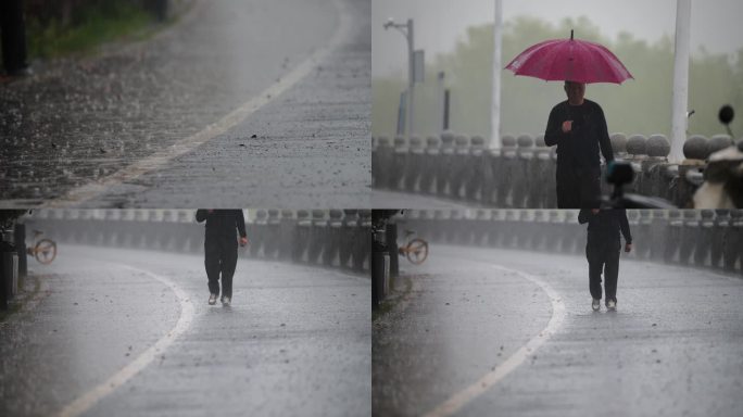 4K狂风暴雨中撑伞艰难行走的路人升格空镜