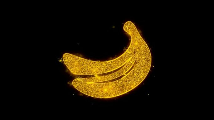 香蕉图标在黑色背景上火花粒子。