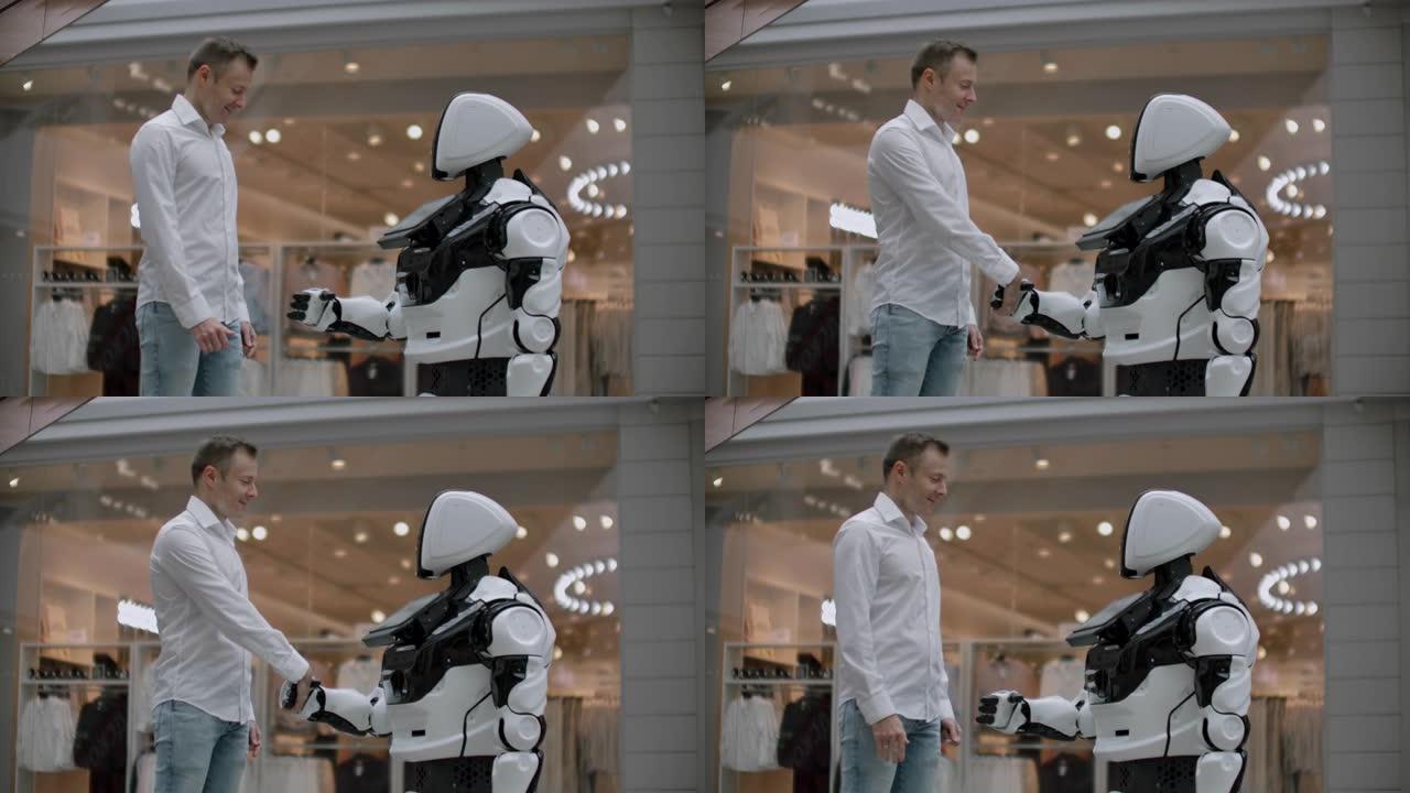 一个穿着衬衫的男人与一个白色机器人交流，询问问题并用手指按下屏幕。