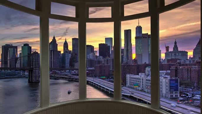 黄昏纽约城市景观延时窗口全景城市景观曼哈顿