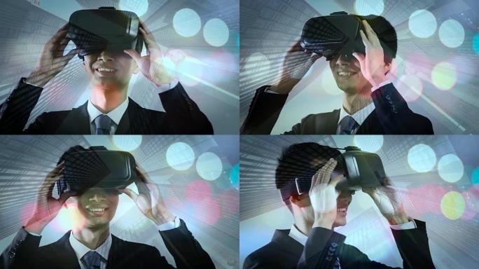 男子戴虚拟现实耳机的多次曝光