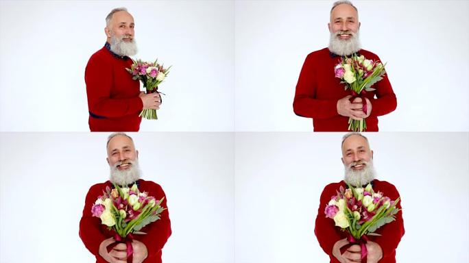 白底鲜花的大胡子老人。