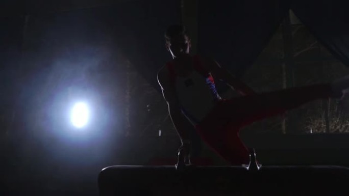 男体操运动员在鞍马上进行奥林匹克运动的练习，以慢动作进行旋转和滚动，通过在烟雾和反灯周围的黑暗房间里