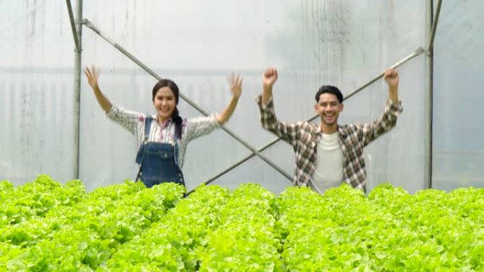 4k慢动作夫妇在做有机蔬菜生意农民快乐跳跃快乐。