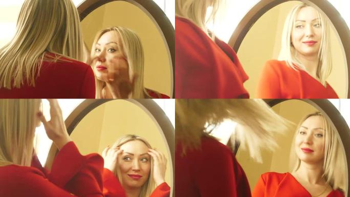 带镜子的红色连衣裙女人