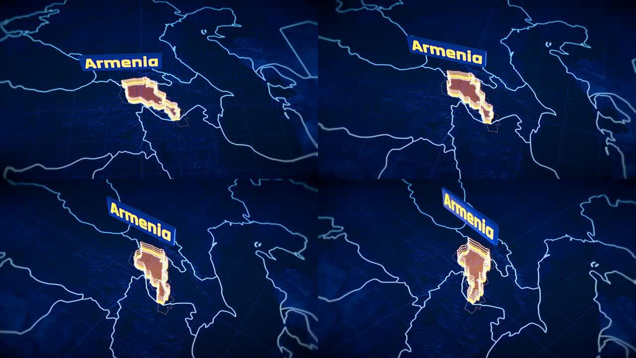 亚美尼亚国家边界3D可视化，现代地图轮廓，旅行