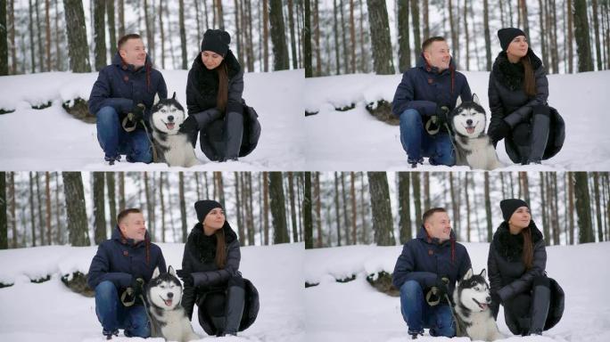 美丽的家庭，一个男人和一个女孩在冬季森林与狗。和狗西伯利亚哈士奇一起玩