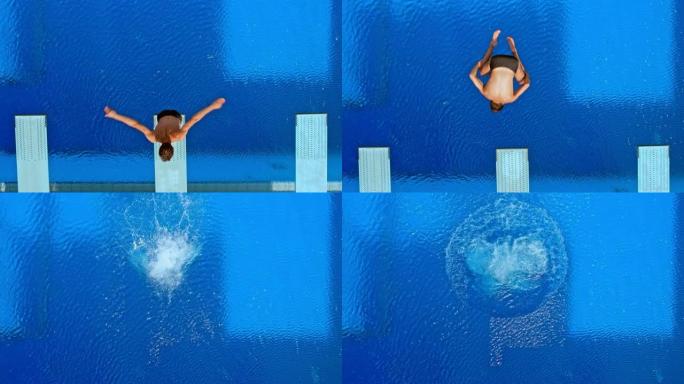 一名男性潜水员在阳光下潜入游泳池时旋转的SLO MO CS上方