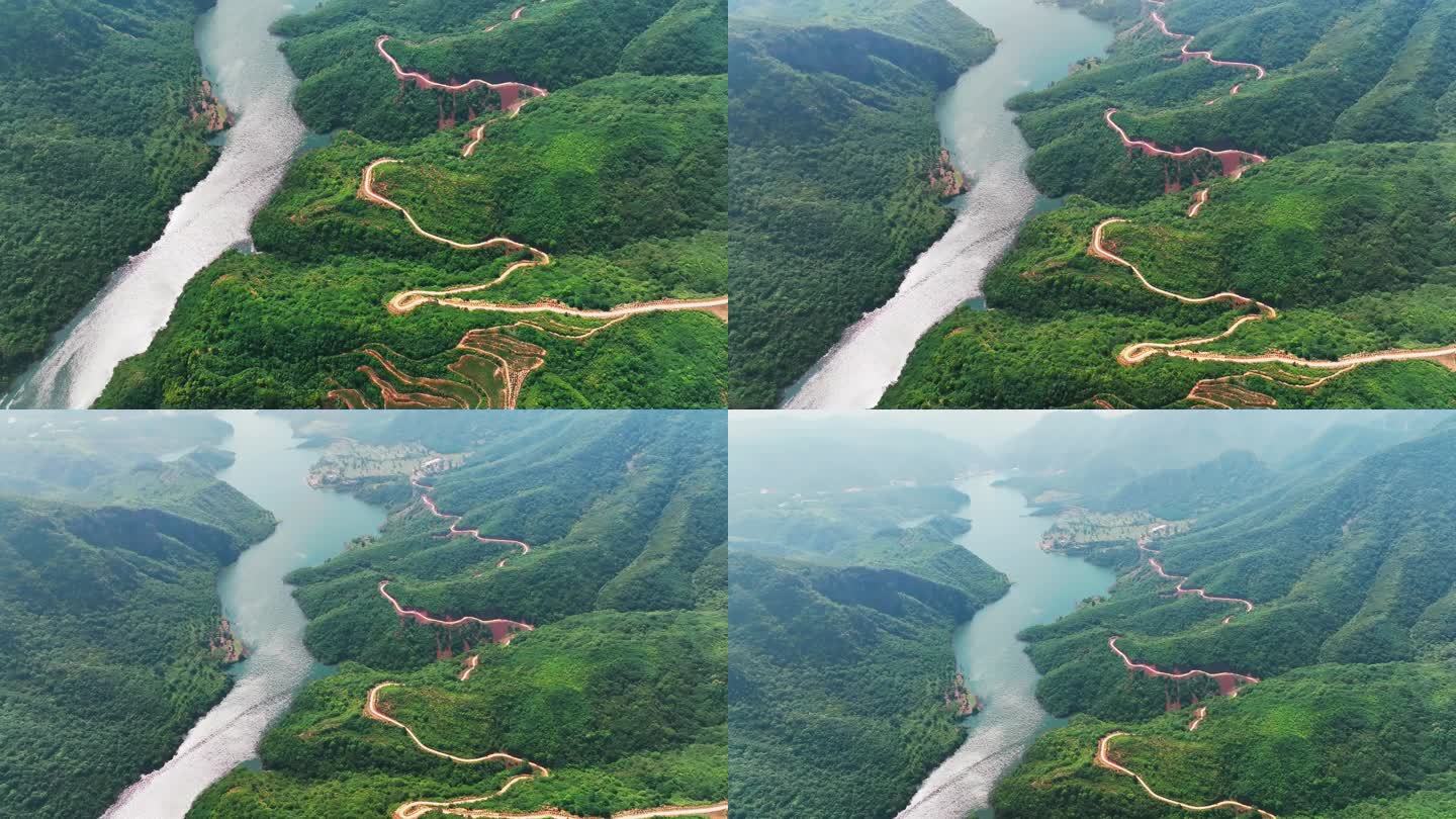 【4k】一条河旁边的山路蜿蜒曲折航拍