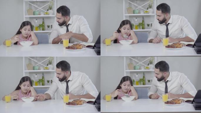 匆忙的中东商人和吃早餐的小女孩聊天，指着手表。父亲要求女儿快点。无聊的孩子没有食欲。家庭关系，生活方