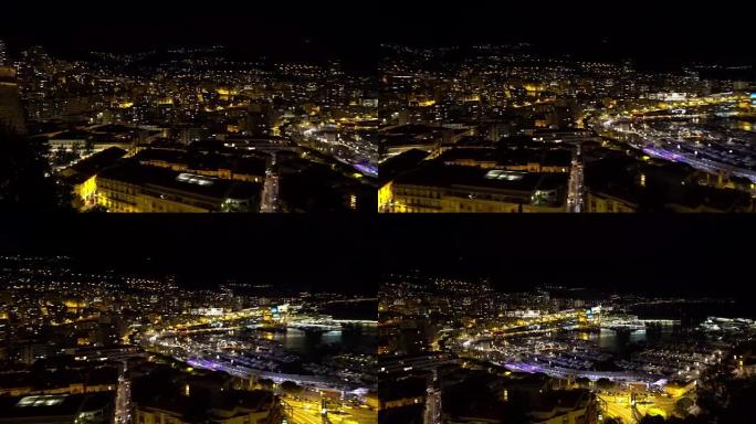 平移拍摄摩纳哥蒙特卡洛港法国里维埃拉之夜