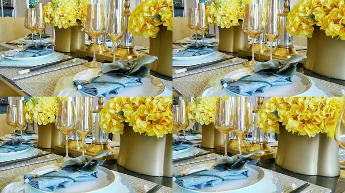 现代餐厅餐桌上优雅的玻璃和陶器