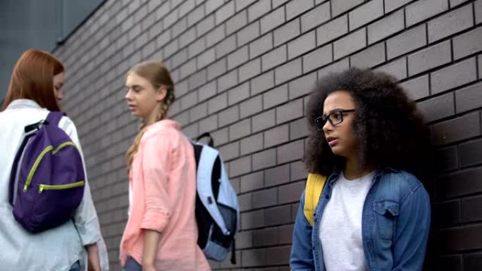 不友善的青少年在眼镜上侮辱黑人女学生，羞辱