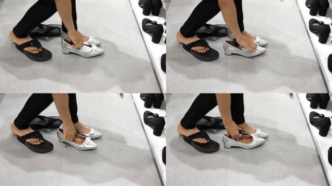 女人在商店试鞋体验试穿鞋子搭配尝试新款鞋