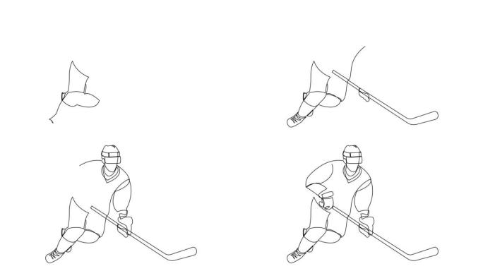 专业冰球运动员的一个连续线描动画击中冰球，并在白色背景上孤立的溜冰场上攻击。年轻的运动型男子在行动中
