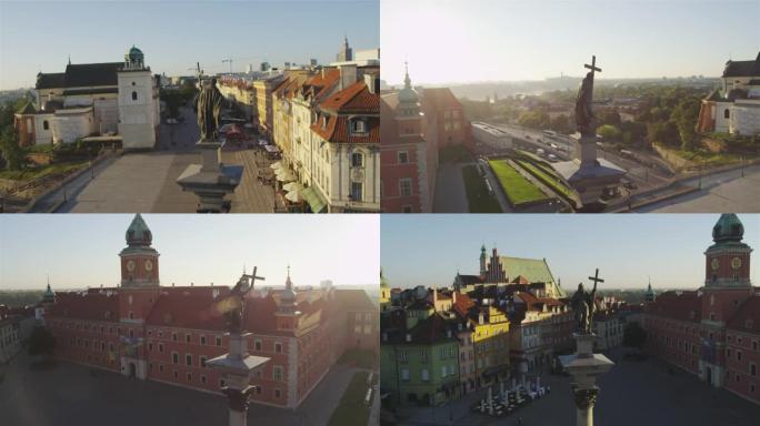 从上面看华沙老城。皇家城堡广场，日落后纪念碑。