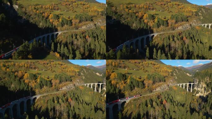 瑞士bernina pass上火车Landwasser高架桥的鸟瞰图