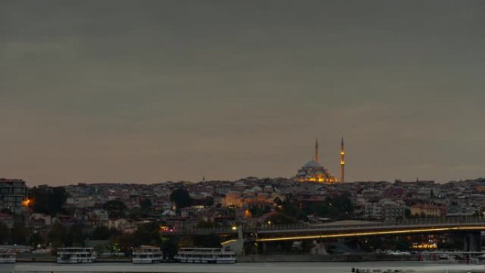 日落夜照明伊斯坦布尔市著名清真寺河畔湾全景4k延时土耳其