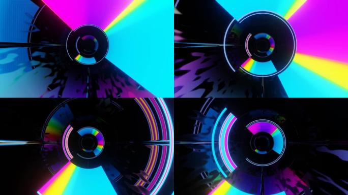 多色图案。4k无缝循环动画。通过霓虹灯图案的镜像隧道飞行，辉光线形成科幻图案。明亮的反射霓虹灯。简单