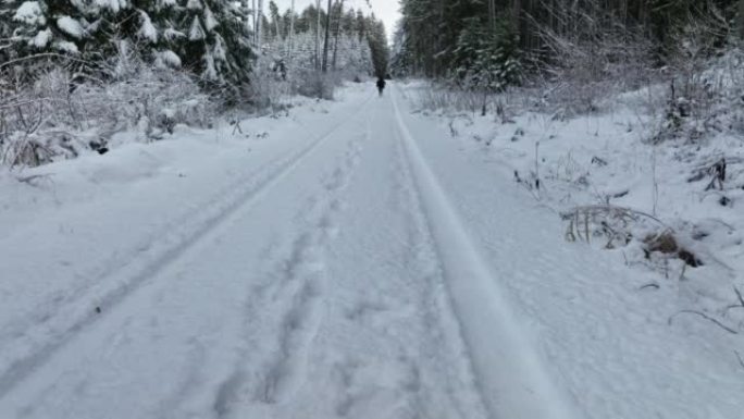 空中无人机拍摄了一名妇女在树林中沿雪道行走的镜头