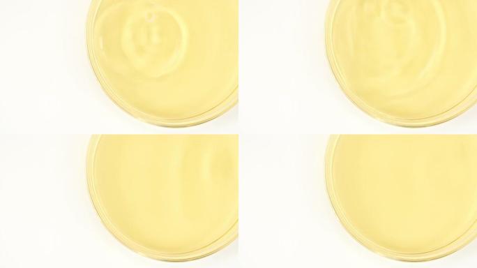 透明的黄色化妆品液体滴在玻璃碗中的Petri。宏丸血清、乳膏、透明质酸。有机化妆品，药品。慢动作