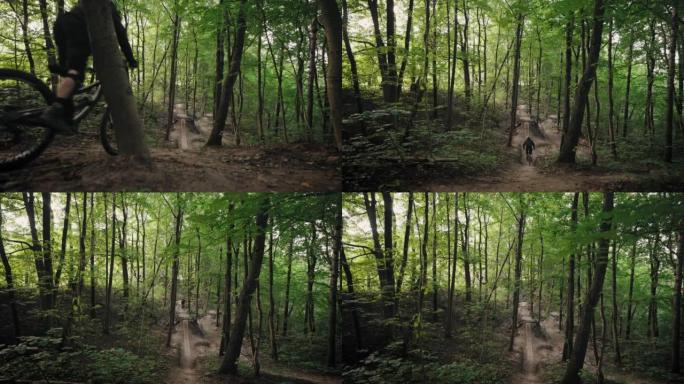 变焦摄像机一个专业的真实自行车手在山地自行车上高速行驶的电影镜头进入一个高跳板，并在森林的山路上跳跃